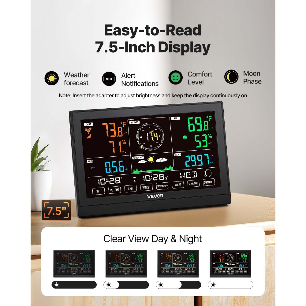 VEVOR 5-in-1 Wireless Weather Station, 7.5 inch / 190.5 mm VA Display, Solar Powered Outdoor Sensor, Rain Gauge, Indoor Outdoor for Weather Forecast, Temperature, Humidity, Wind Speed and Direction (No WiFi)