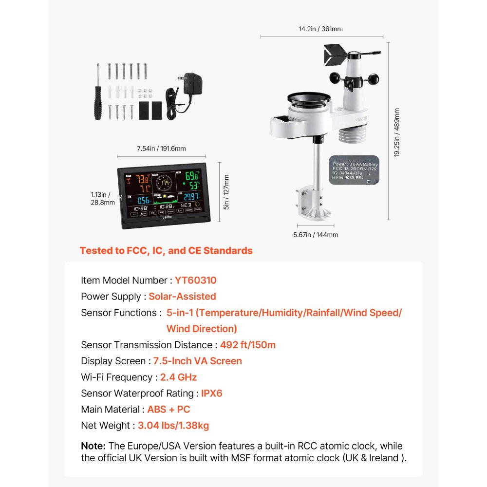 VEVOR 5-in-1 Wireless Weather Station, 7.5 inch / 190.5 mm VA Display, Solar Powered Outdoor Sensor, Rain Gauge, Indoor Outdoor for Weather Forecast, Temperature, Humidity, Wind Speed and Direction (No WiFi)