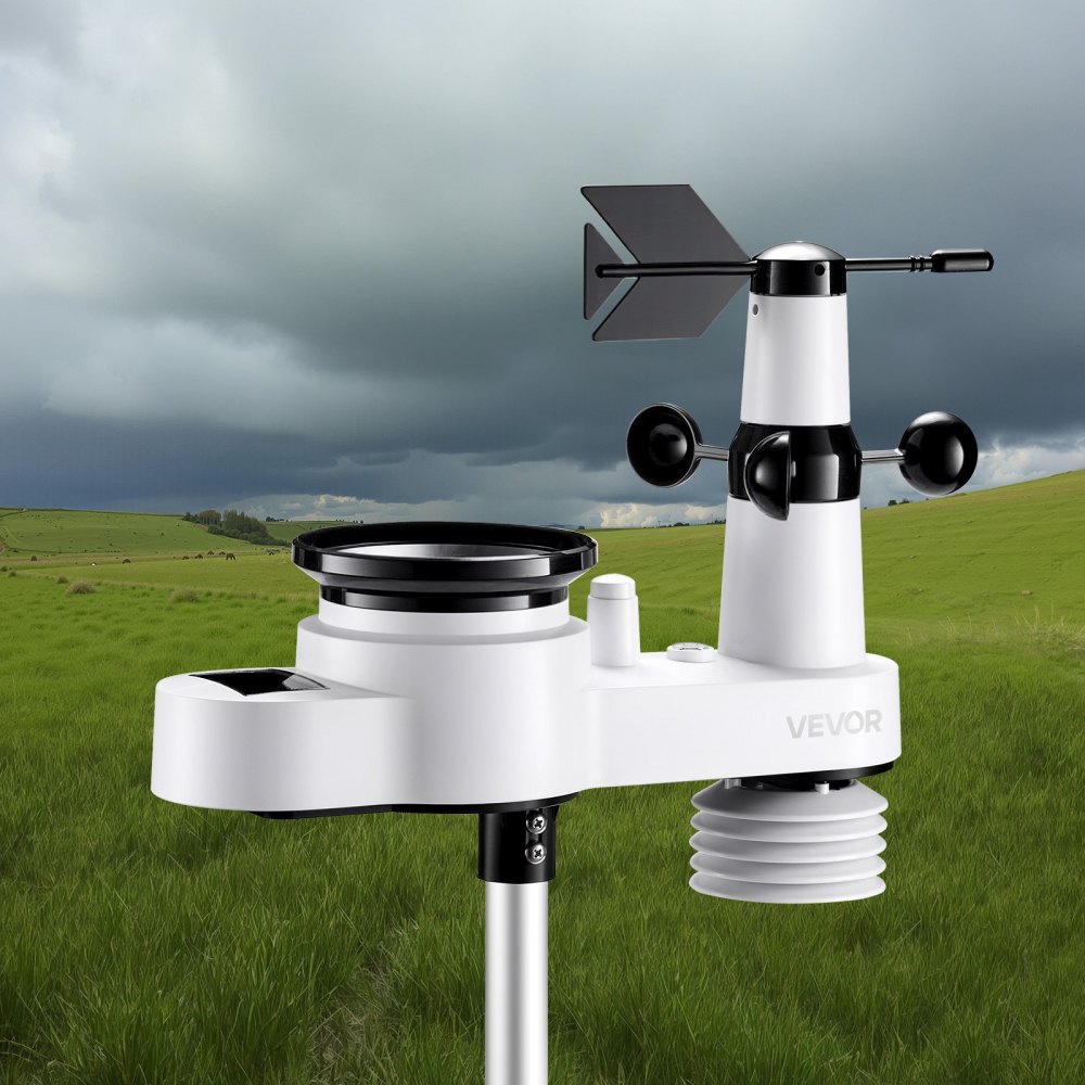 VEVOR 5-in-1 Wireless Weather Station, 7.5 inch / 190.5 mm VA Display, Solar Powered Outdoor Sensor, Rain Gauge, Indoor Outdoor for Weather Forecast, Temperature, Humidity, Wind Speed and Direction (No WiFi)