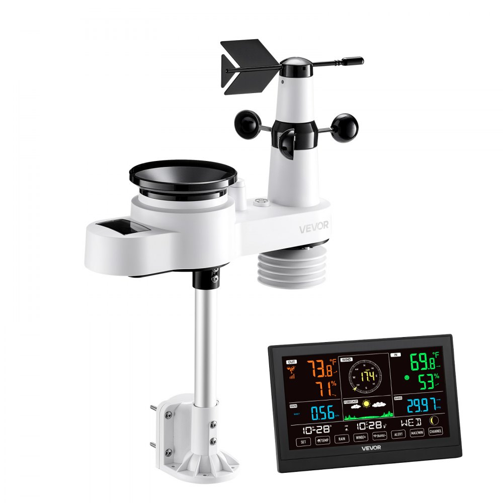 VEVOR 5-in-1 Wireless Weather Station, 7.5 inch / 190.5 mm VA Display, Solar Powered Outdoor Sensor, Rain Gauge, Indoor Outdoor for Weather Forecast, Temperature, Humidity, Wind Speed and Direction (No WiFi)