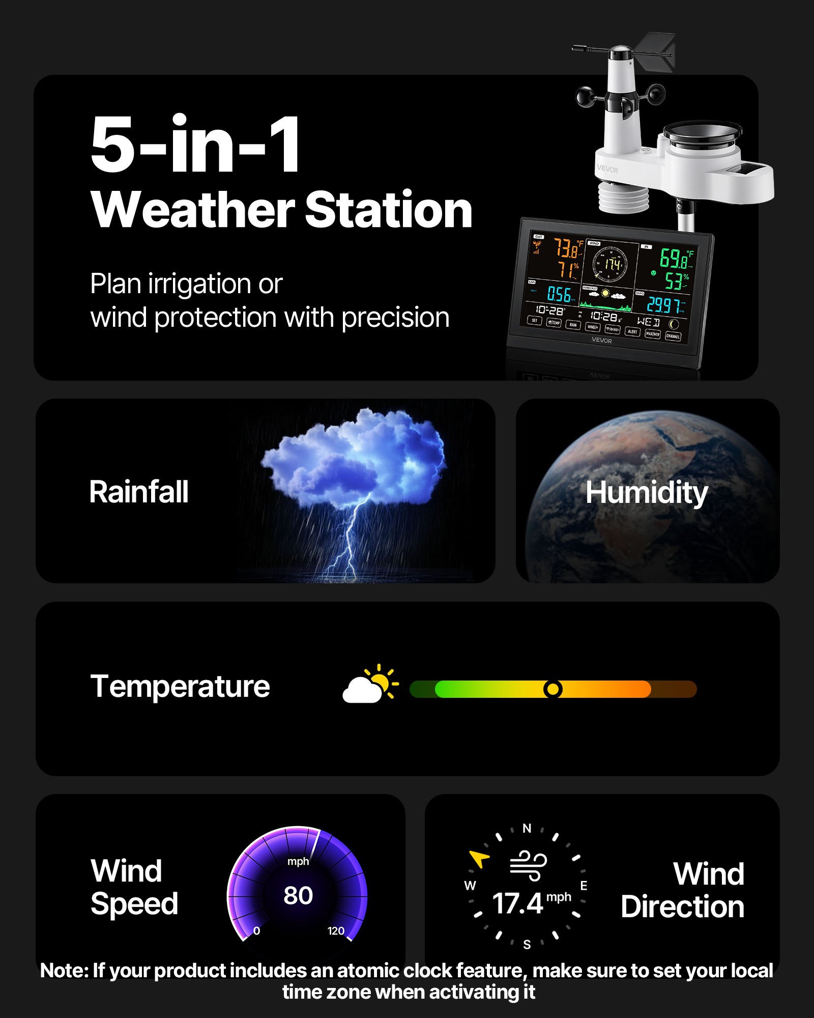 VEVOR 5-in-1 Wireless Weather Station, 7.5 inch / 190.5 mm VA Display, Solar Powered Outdoor Sensor, Rain Gauge, Indoor Outdoor for Weather Forecast, Temperature, Humidity, Wind Speed and Direction (No WiFi)
