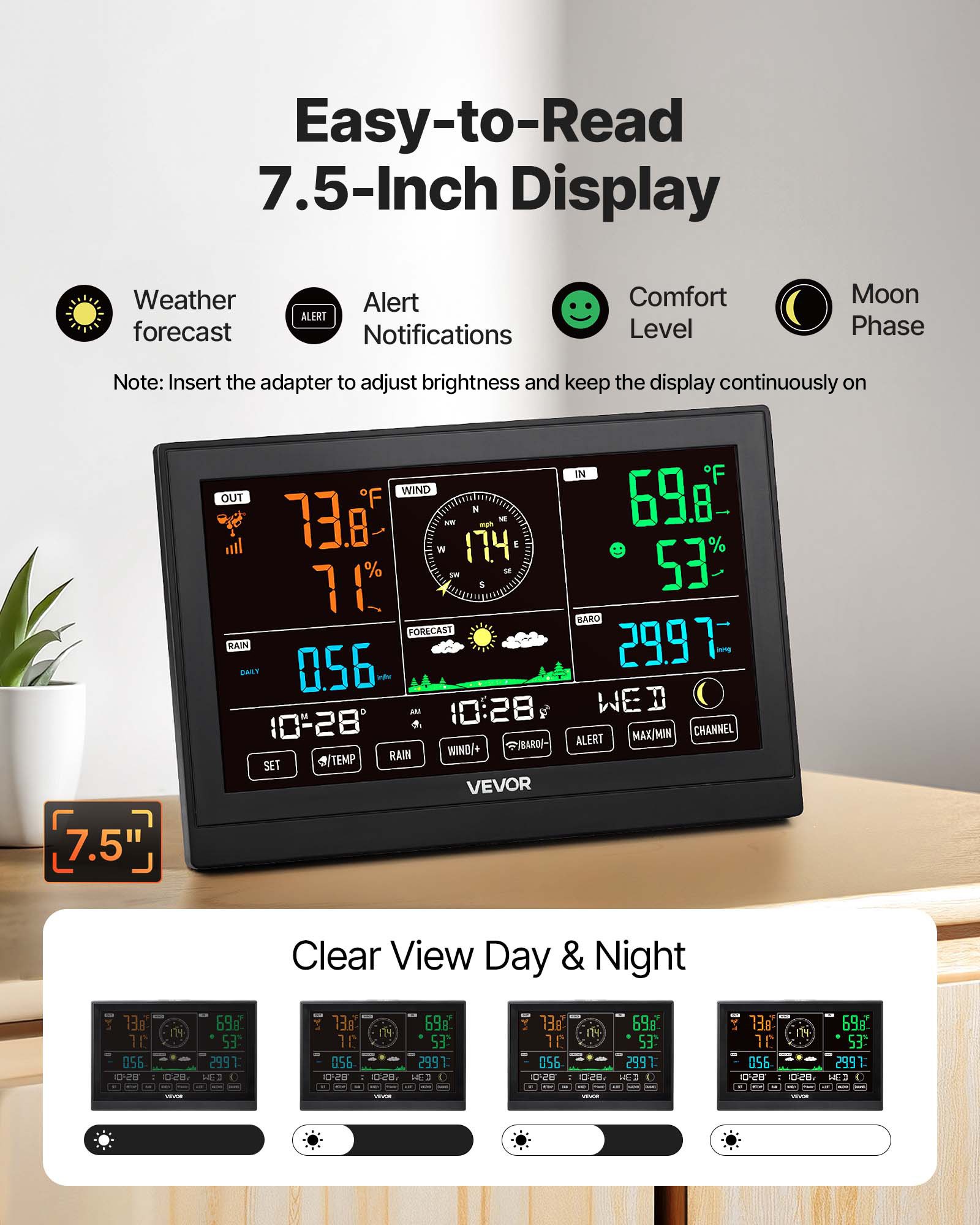 VEVOR 5-in-1 Wireless Weather Station, 7.5 inch / 190.5 mm VA Display, Solar Powered Outdoor Sensor, Rain Gauge, Indoor Outdoor for Weather Forecast, Temperature, Humidity, Wind Speed and Direction (No WiFi)