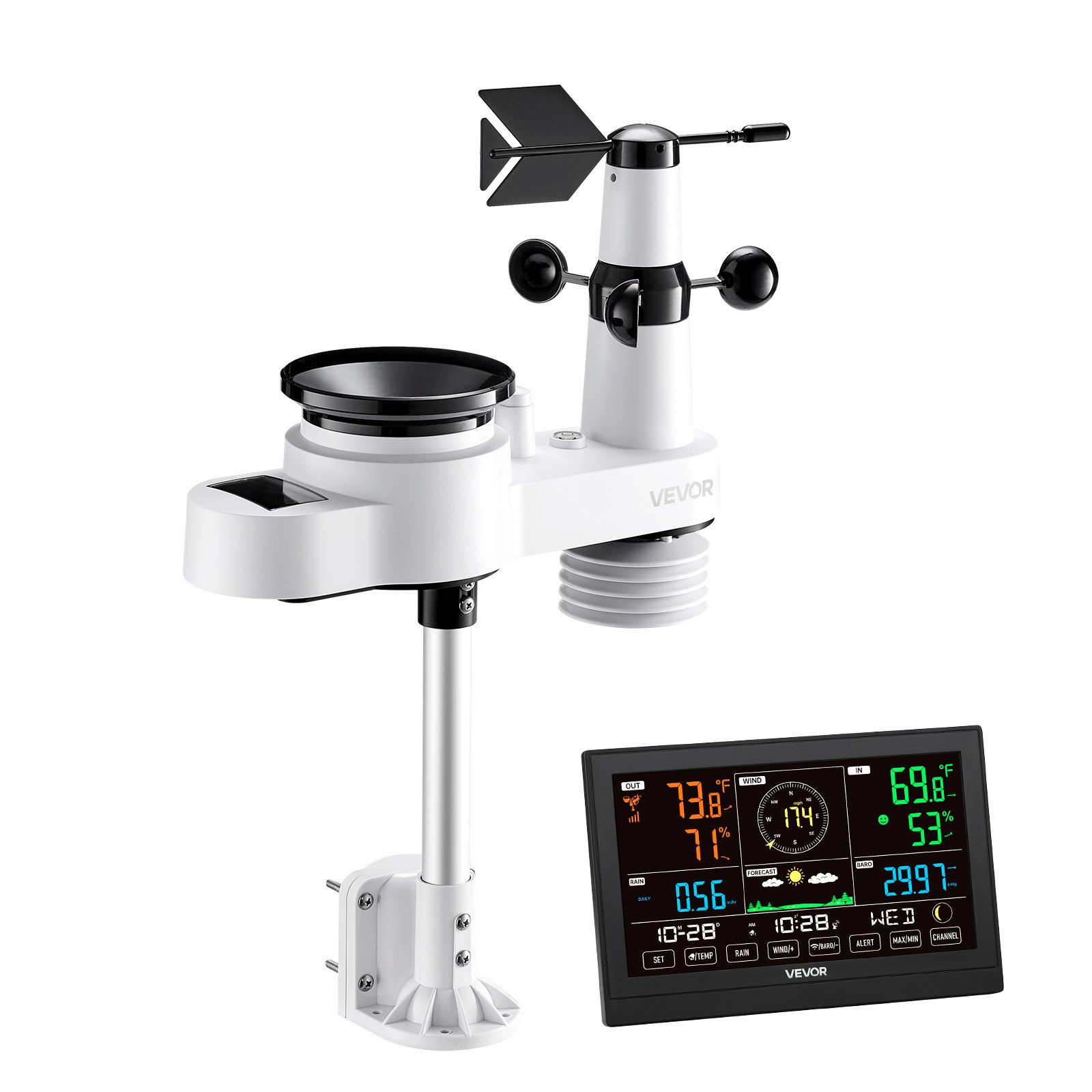 VEVOR 5-in-1 Wireless Weather Station, 7.5 inch / 190.5 mm VA Display, Solar Powered Outdoor Sensor, Rain Gauge, Indoor Outdoor for Weather Forecast, Temperature, Humidity, Wind Speed and Direction (No WiFi)