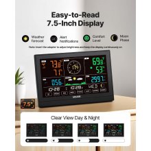 VEVOR 5-in-1 Wireless Weather Station, 190.5 mm VA Display, Solar Powered Outdoor Sensor, Rain Gauge, Indoor Outdoor for Weather Forecast, Temperature, Humidity, Wind Speed and Direction (No WiFi)