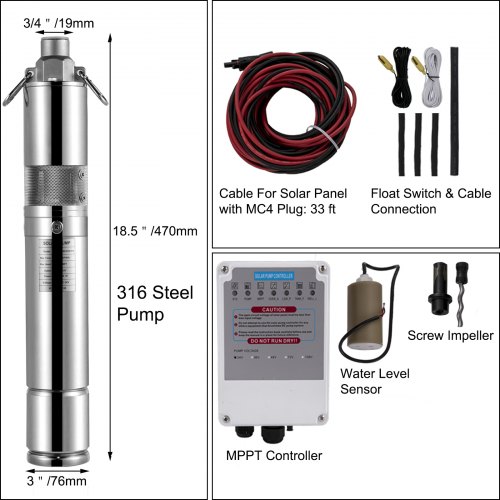 24V Solar Water Pump Kit With MPPT Controller - 1300L/H Submersible Deep Well Bore Pump