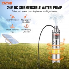 VEVOR Solar Water Pump, DC 277W Submersible Deep Well Pump, Max Flow 2.1 m³/H, Max Head 83 m, Max Submersion Depth 20 m, Solar Powered Water Pump for Well, Farm Ranch Irrigation, Livestock Drinking