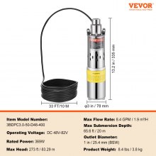 VEVOR Solar Water Pump, 48V DC 369W Submersible Deep Well Pump, Max Flow 8.4 GPM, Max Head 273 ft, Max Submersion 65.6 ft, Solar Powered Water Pump for Well, Farm Ranch Irrigation, Livestock Drinking