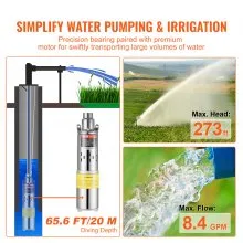 VEVOR Solar Water Pump, 48V DC 369W Submersible Deep Well Pump, Max Flow 8.4 GPM, Max Head 273 ft, Max Submersion 65.6 ft, Solar Powered Water Pump for Well, Farm Ranch Irrigation, Livestock Drinking