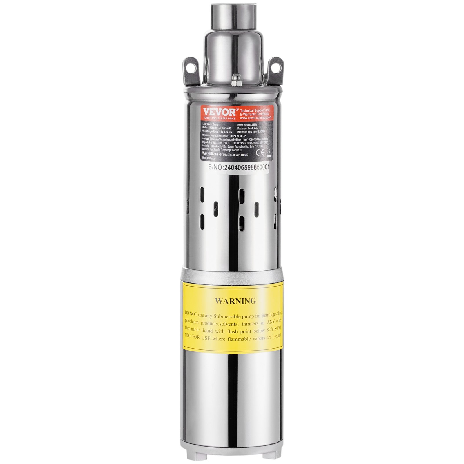 VEVOR Solar Water Pump, DC 369W Submersible Deep Well Pump, Max Flow 1.9 m³/H, Max Head 83.29 m, Max Submersion Depth 20 m, Solar Powered Water Pump for Well, Farm Ranch Irrigation, Livestock Drinking