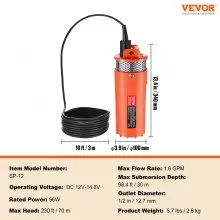 VEVOR Solar Water Pump, 12V DC 96W Submersible Deep Well Pump, Max Flow 1.6 GPM, Max Head 230 ft, Max Submersion 98.4 ft, Solar Powered Water Pump for Well, Farm Ranch Irrigation, Livestock Drinking