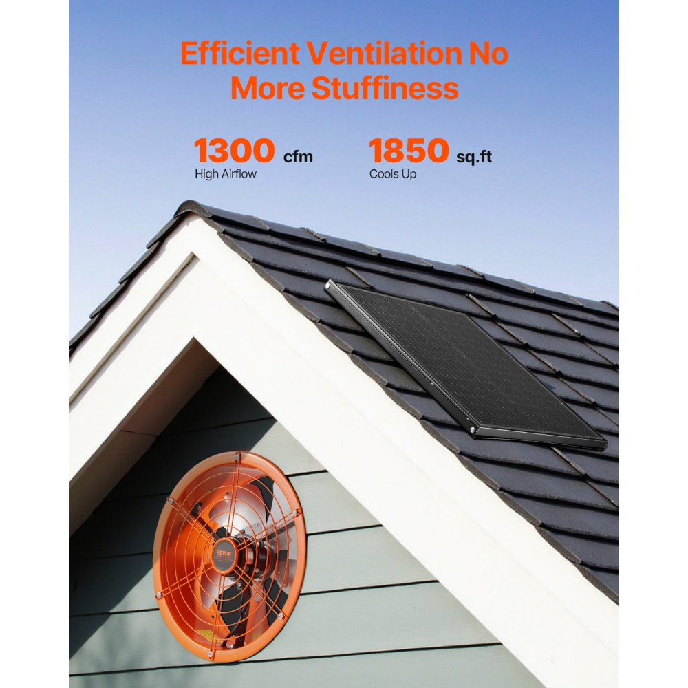 VEVOR Gable Mount Fan, 14 Inch Solar Power Attic Exhaust Fan with Adjustable Thermostat & Outer Mesh, 1300 CFM House Ventilator Cool Upto 1850 Sq.Ft, Quiet Ventilation for Roof, Garage, Shop, Black