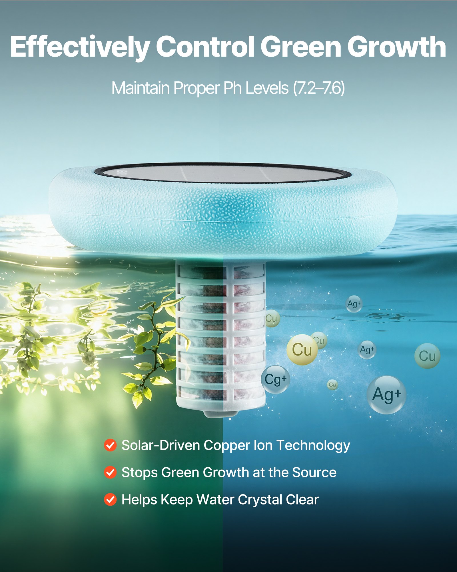 VEVOR Solar Pool Ionizer, Hexagon Copper Pool Ionizer Up to 170343 L, Floating Automatic Water Cleaner and Purifier, Chlorine Free Water, with Copper Anode, Spring, Brush and Filter for Pools & Spas