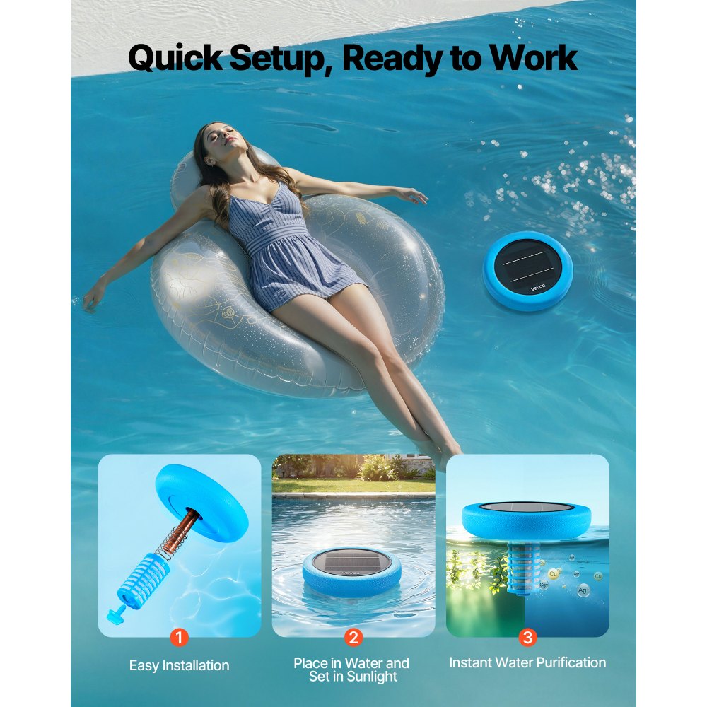 VEVOR Solar Pool Ionizer, Round Copper Pool Ionizer Up to 170343 L, Floating Automatic Water Cleaner and Purifier, Chlorine Free Water, with Copper Anode, Spring, Brush and Filter for Pools & Spas