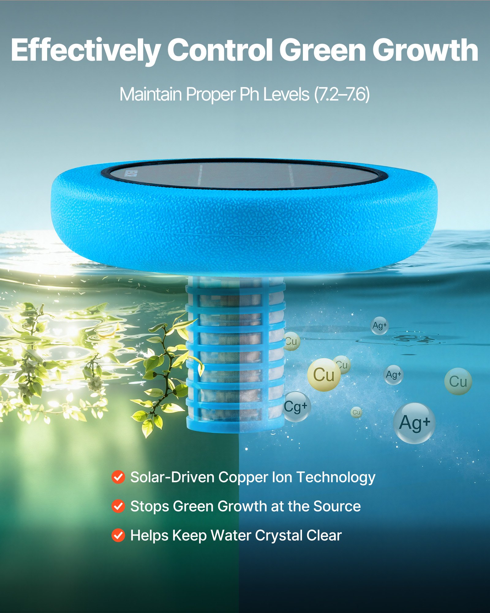 VEVOR Solar Pool Ionizer, Round Copper Pool Ionizer Up to 170343 L, Floating Automatic Water Cleaner and Purifier, Chlorine Free Water, with Copper Anode, Spring, Brush and Filter for Pools & Spas