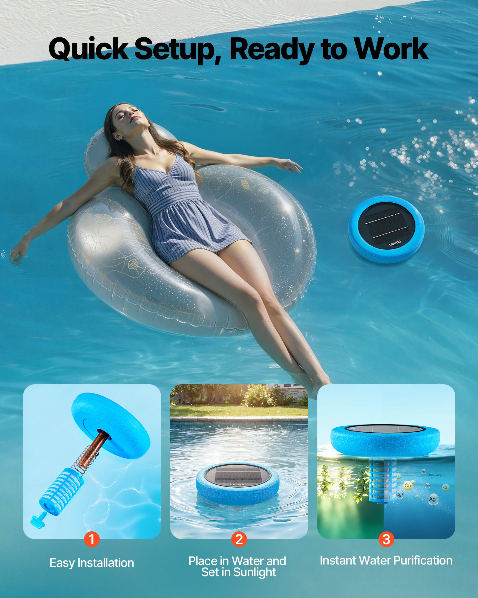 VEVOR Solar Pool Ionizer, Round Copper Pool Ionizer Up to 170343 L, Floating Automatic Water Cleaner and Purifier, Chlorine Free Water, with Copper Anode, Spring, Brush and Filter for Pools & Spas