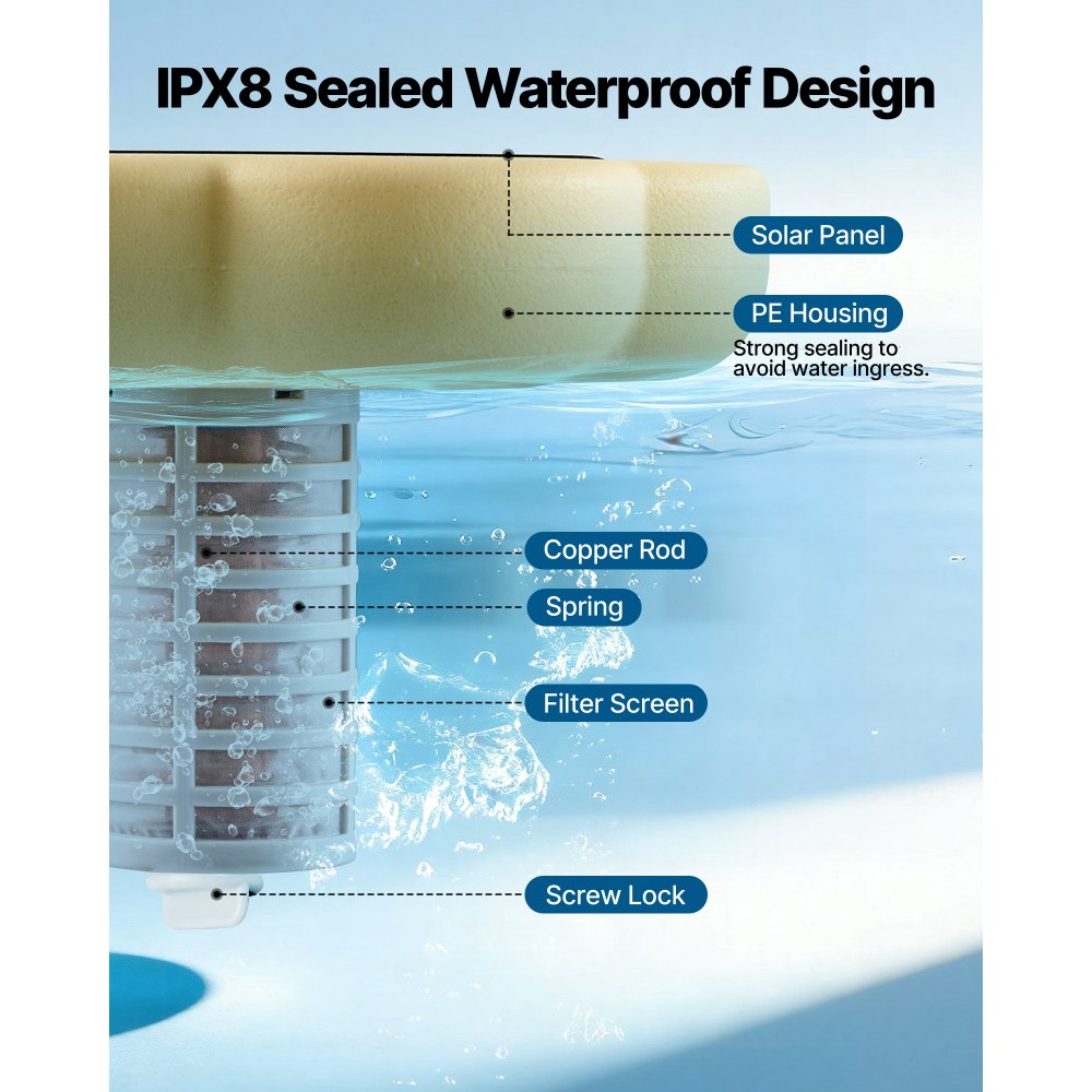 VEVOR Solar Pool Ionizer, Petal Copper Pool Ionizer Up to 170343 L, Floating Automatic Water Cleaner and Purifier, Chlorine Free Water, with Copper Anode, Spring, Brush and Filter for Pools & Spas