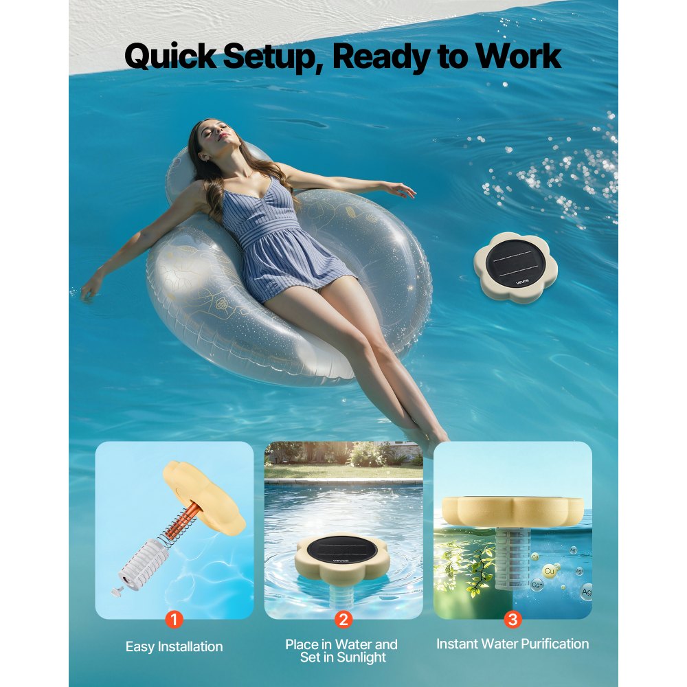 VEVOR Solar Pool Ionizer, Petal Copper Pool Ionizer Up to 170343 L, Floating Automatic Water Cleaner and Purifier, Chlorine Free Water, with Copper Anode, Spring, Brush and Filter for Pools & Spas