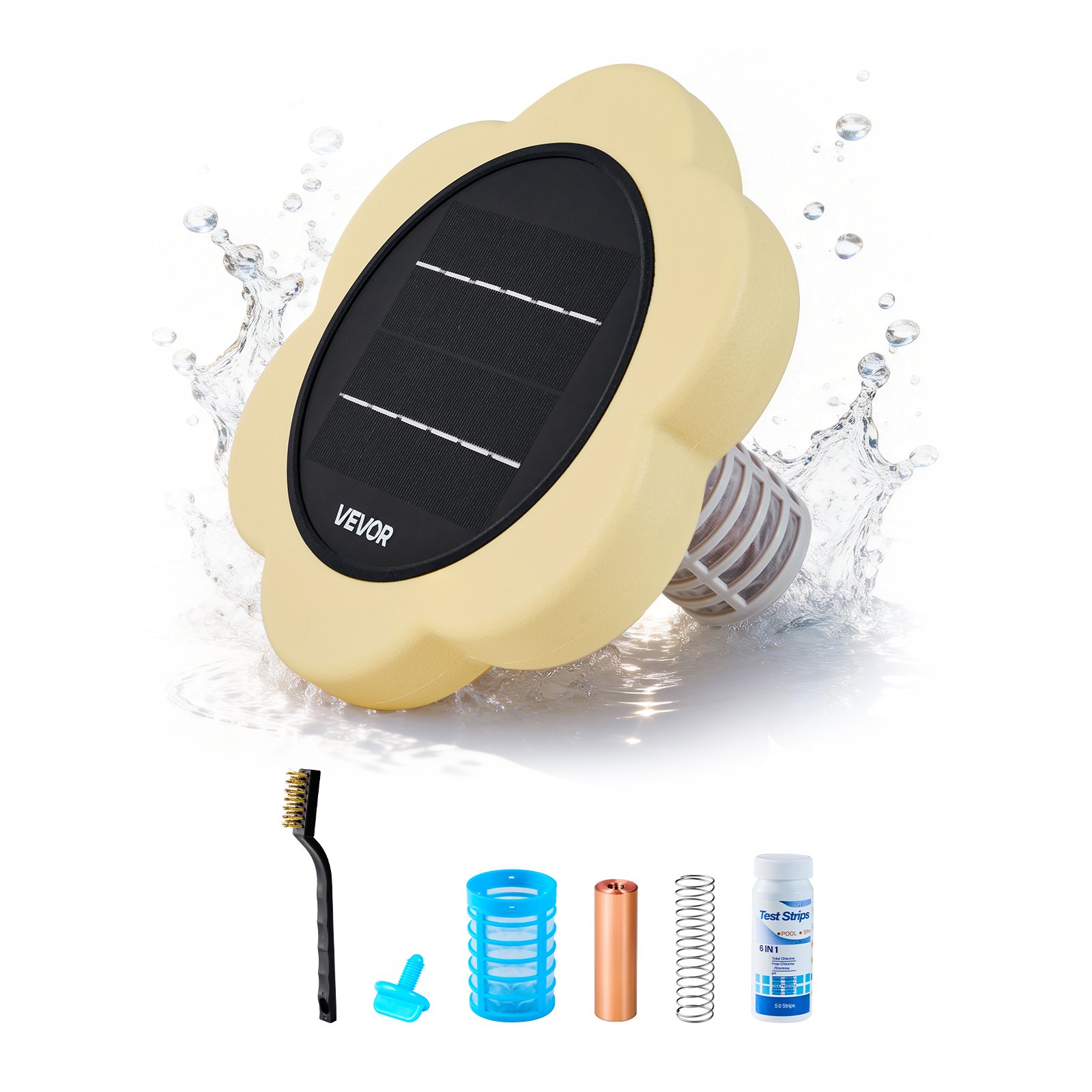 VEVOR Solar Pool Ionizer, Petal Copper Pool Ionizer Up to 170343 L, Floating Automatic Water Cleaner and Purifier, Chlorine Free Water, with Copper Anode, Spring, Brush and Filter for Pools & Spas