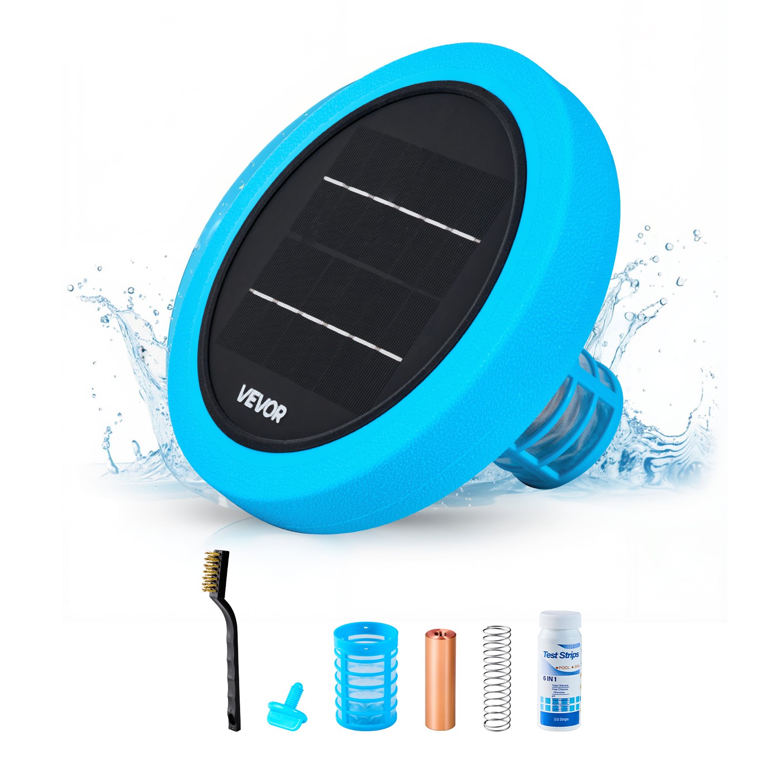 VEVOR Solar Pool Ionizer, Round Copper Pool Ionizer Up to 132489 L, Floating Automatic Water Cleaner and Purifier, Chlorine Free Water, with Copper Anode, Spring, Brush and Filter for Pools & Spas