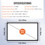 VEVOR projector screen, 100 inches, 16:9 aspect ratio, pvc fabric, dimensions detailed.