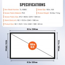 VEVOR 100Inch Diagonal Projector Screen 16:9 4K HD Projector Aluminum Frame Portable Projector Screen Wall Mount for Home Threater Outdoor Use(100inch)