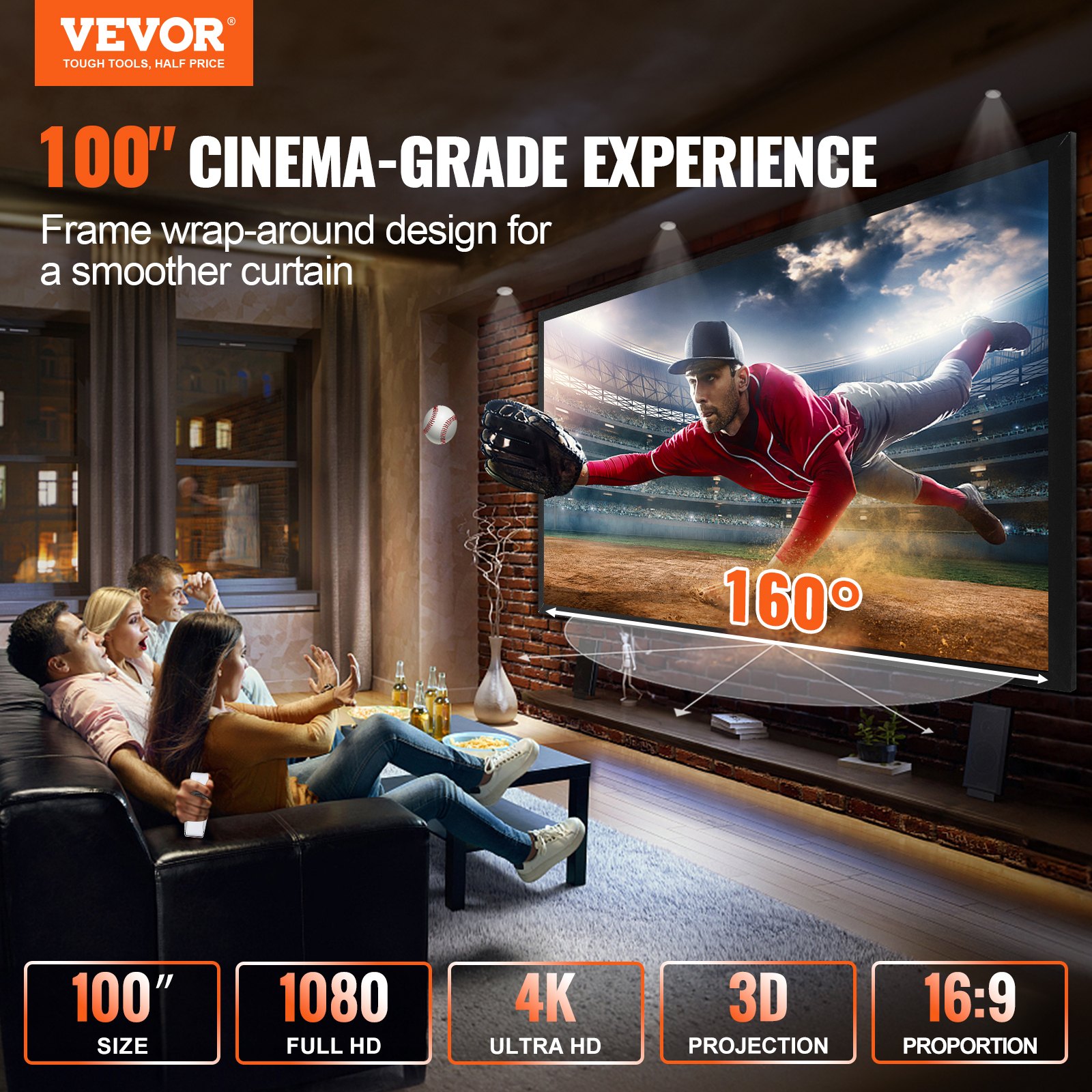 VEVOR projector screen: 100&quot; cinema-grade experience with 4k, 1080p, and 160° viewing angle.