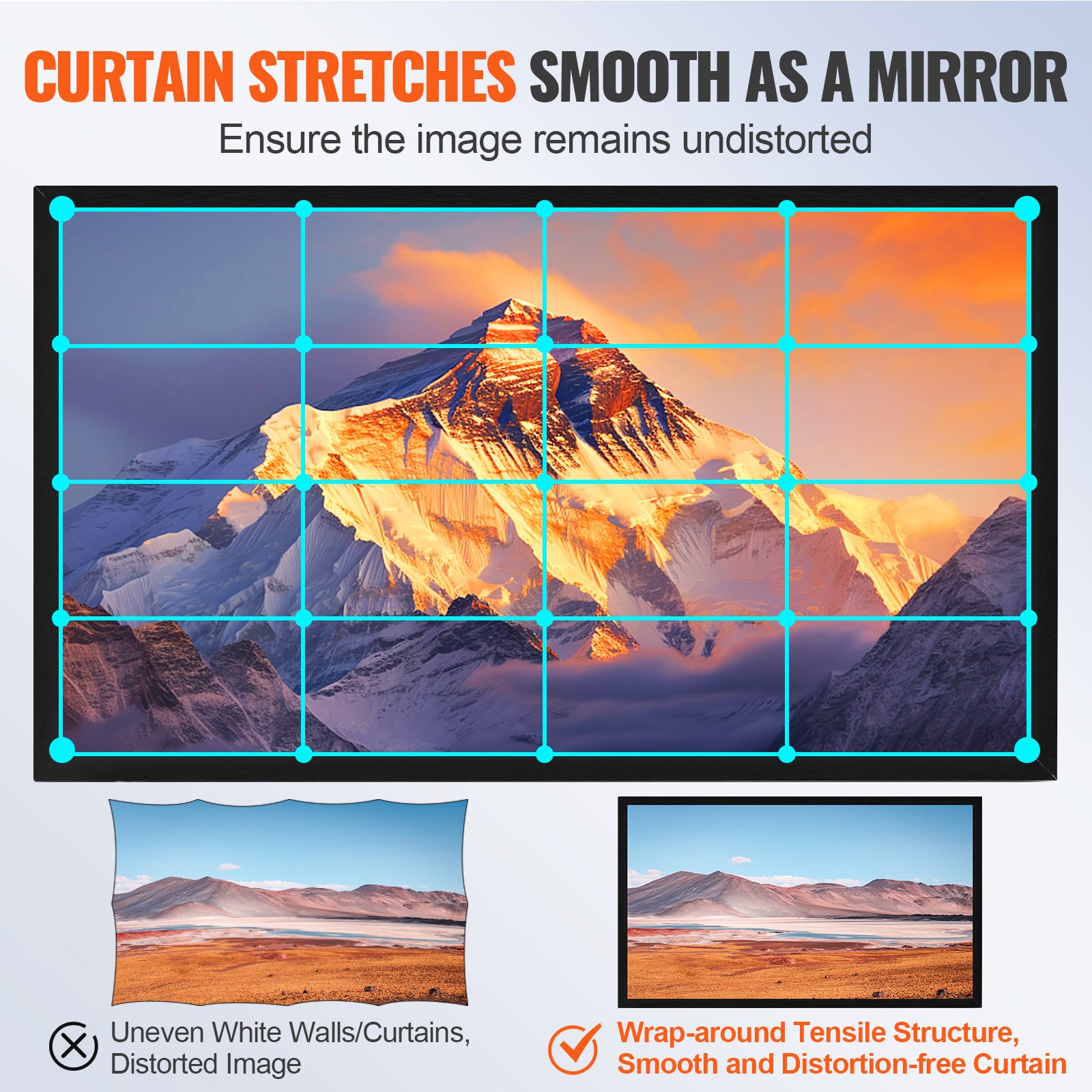 VEVOR projector screen ensures smooth and distortion-free image display with tensile structure.