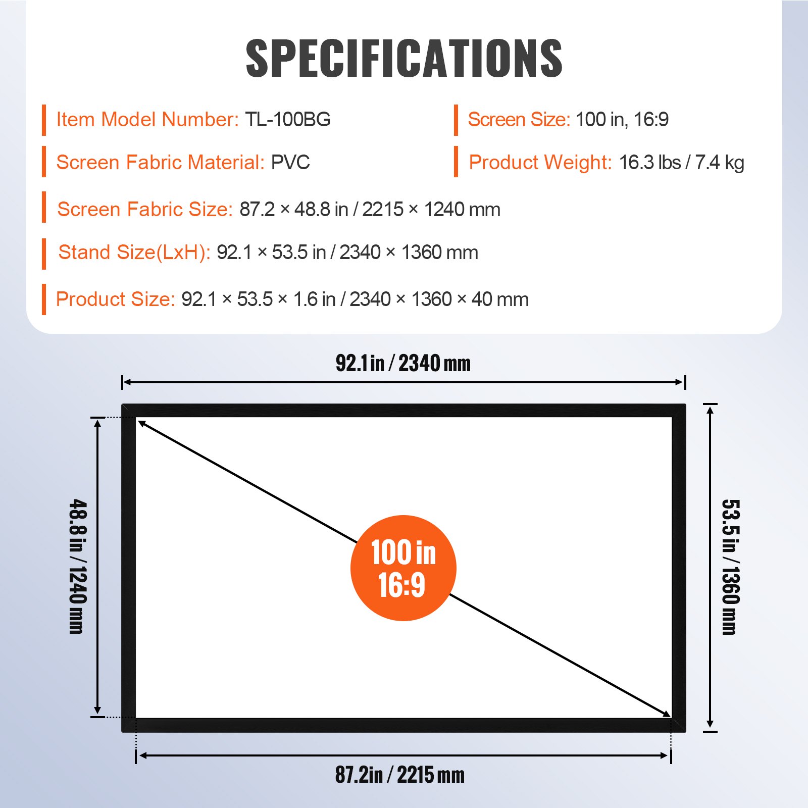 VEVOR projector screen, 100 inches, 16:9 aspect ratio, pvc fabric, dimensions detailed.