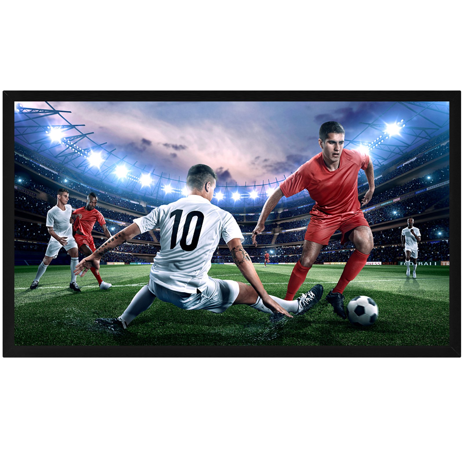 soccer match in a stadium on a VEVOR projector screen.