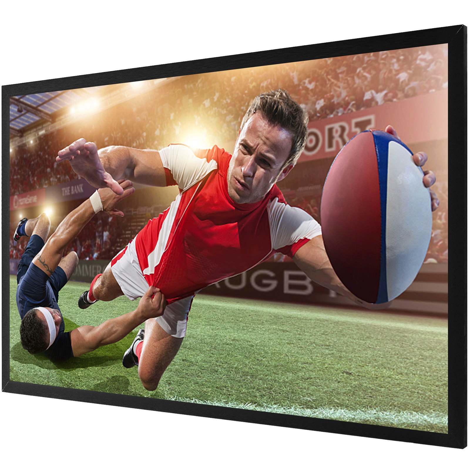 rugby match action displayed on VEVOR projector screen with player diving for a try.