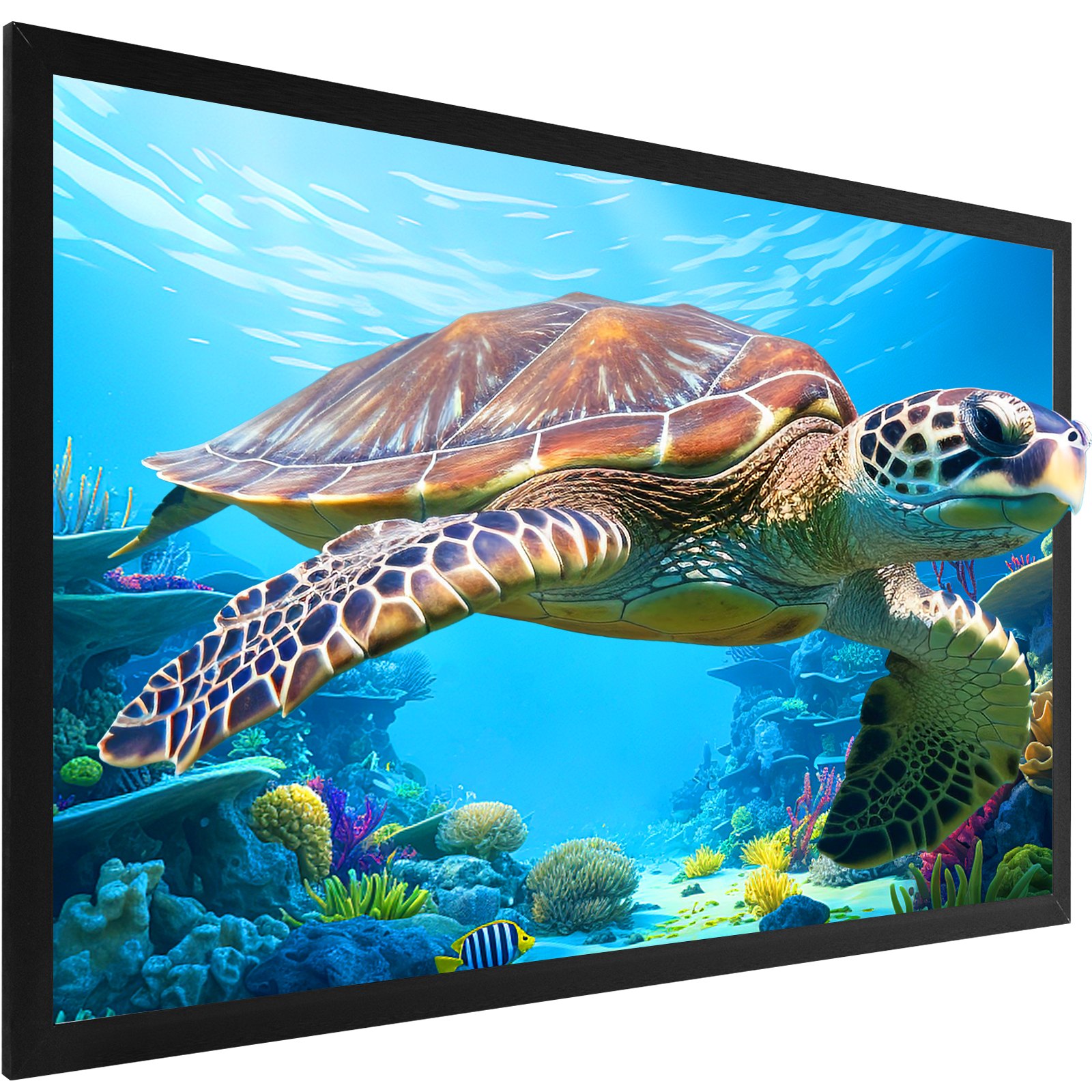 sea turtle swimming in vibrant coral reef on a VEVOR projector screen.