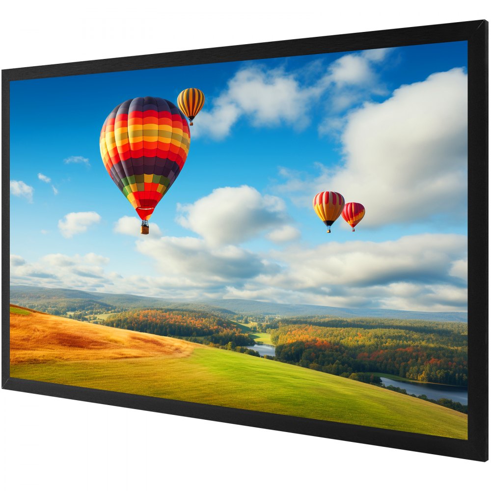 colorful hot air balloons over a scenic landscape on a VEVOR projector screen.