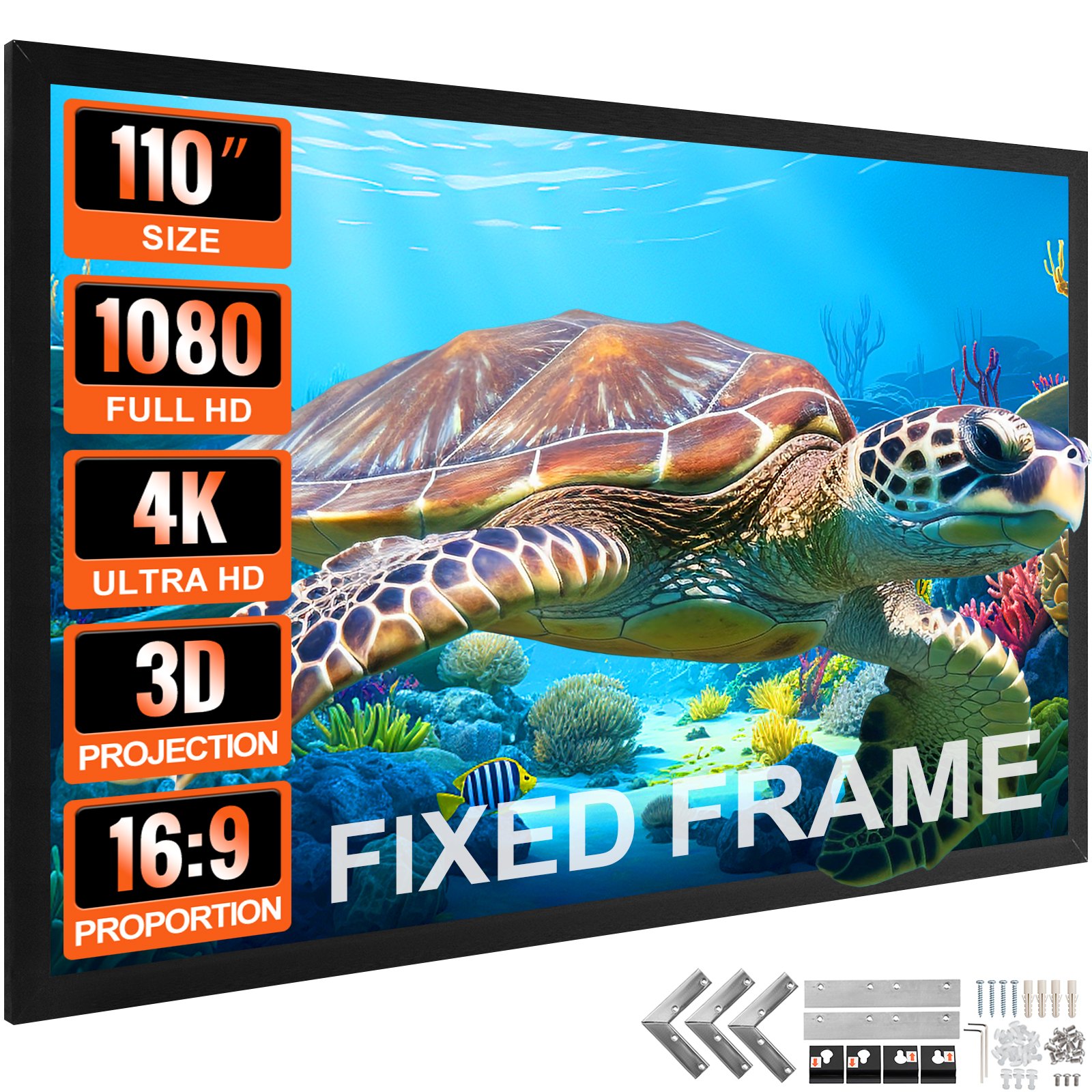 VEVOR 110Inch Diagonal Projector Screen 16:9 4K HD Projector Screen Movie Screen Fixed Frame 3D Projector Screen for Home Threater Outdoor Use(110inch)
