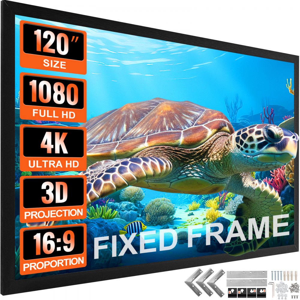 turtle swimming on 120" VEVOR projection screen with 1080p, 4k, 3d, and 16:9 ratio.