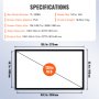 VEVOR projection screen 120&quot; 16:9, pvc material, dimensions, and specifications.