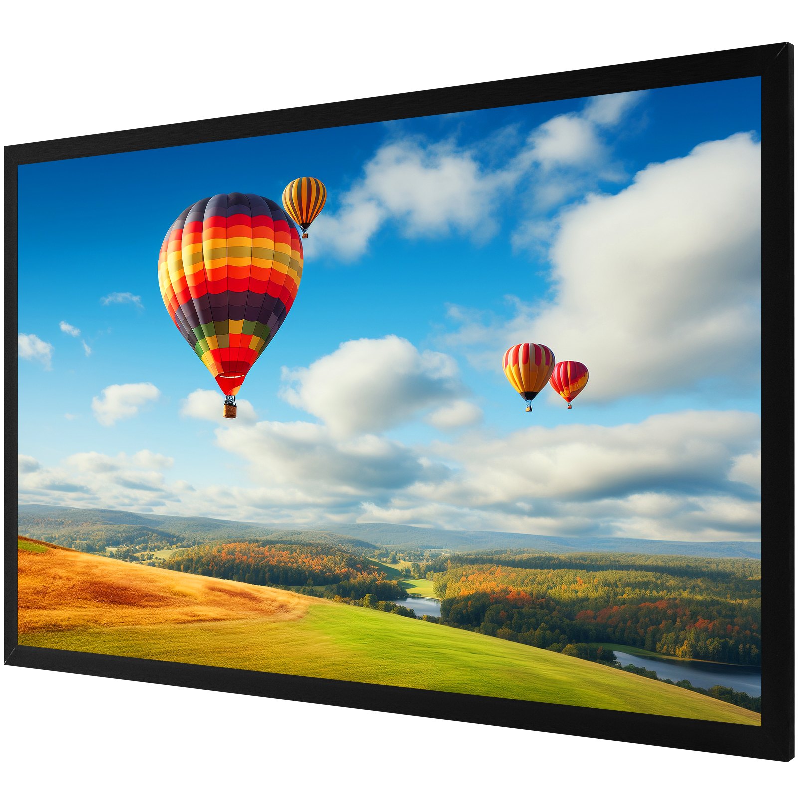 colorful hot air balloons floating over green hills on a VEVOR projection screen.