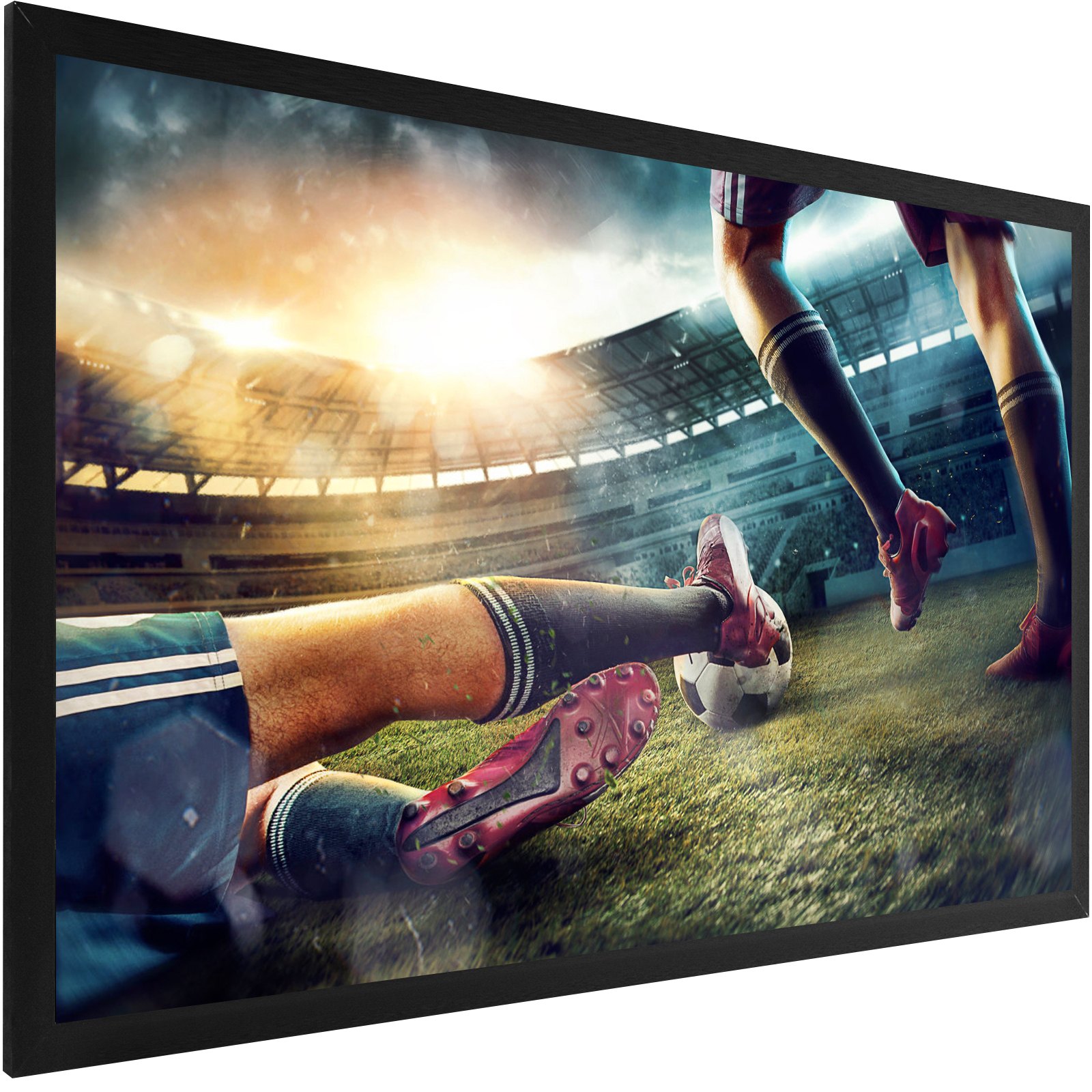 soccer game on VEVOR projection screen with players tackling for the ball.