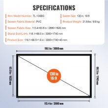 Ecran de proiecție VEVOR de 130 inchi 16:9 Ecran de film HDTV 4K Ecran de proiector 3D cu cadru fix pentru cinematograf HDTV 4K pentru utilizare în aer liber (130 inch)