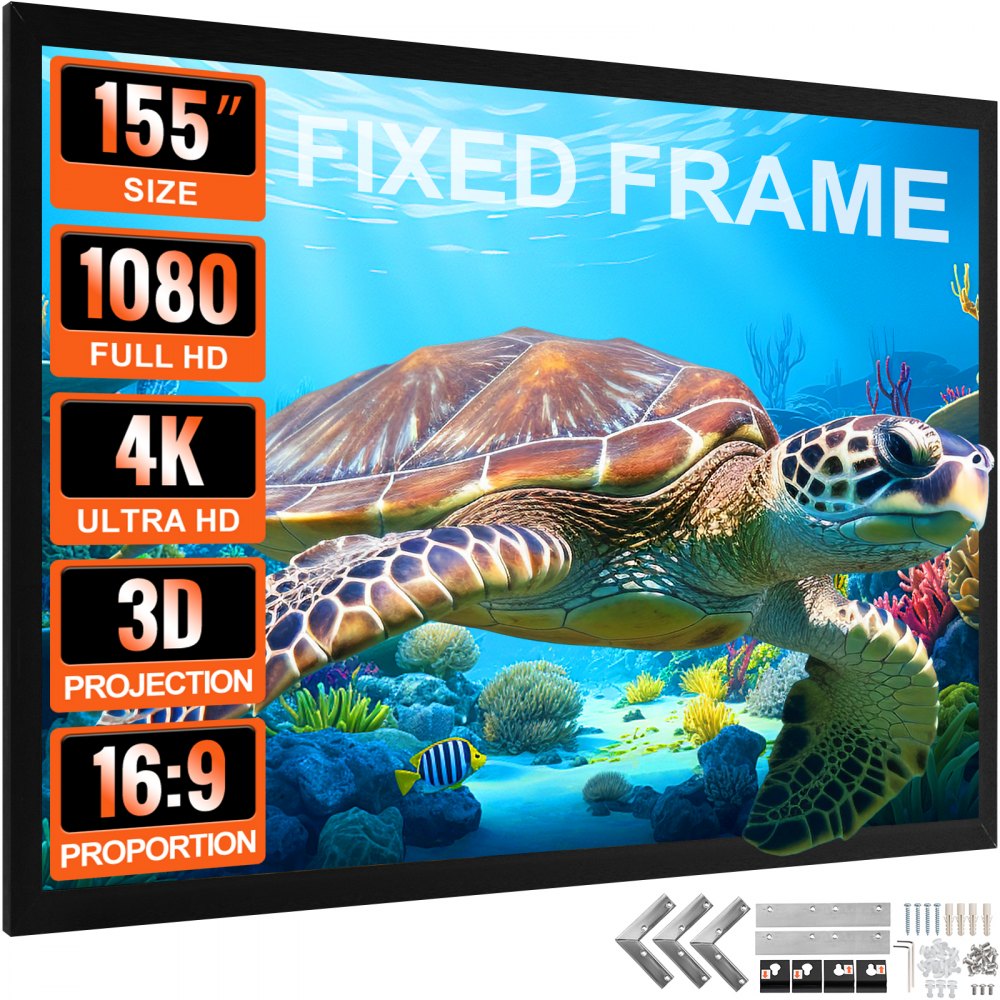 VEVOR projector screen, 155", 1080 full hd, 4k ultra hd, 3d, 16:9, turtle underwater.