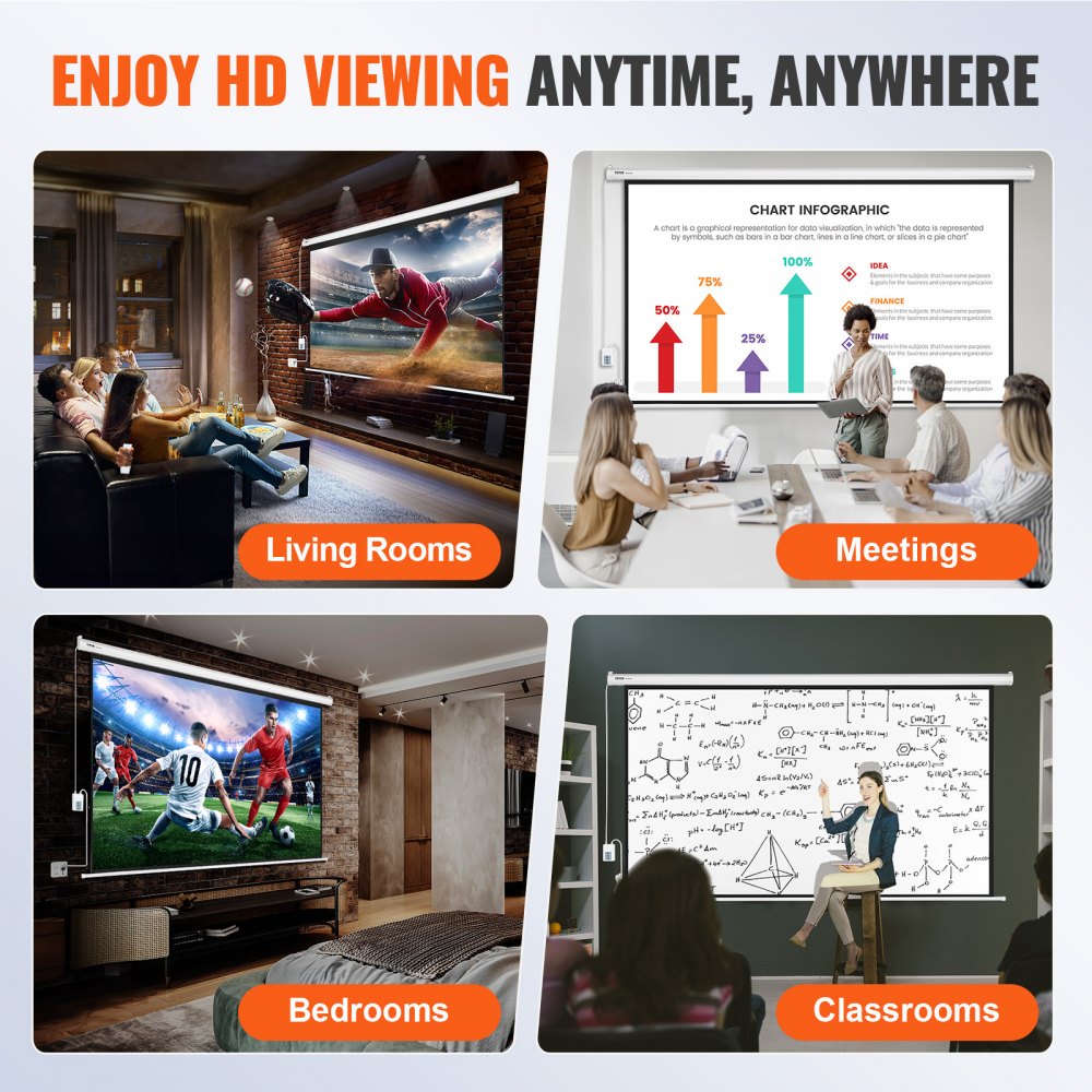 VEVOR Motorized Projector Screen, 100 inch 16:9 4K 1080 HD Electric Projector Screen, Automatic Projection Screen with Remote Control, Wall Mount Movie Screen for Family Home Office Theater