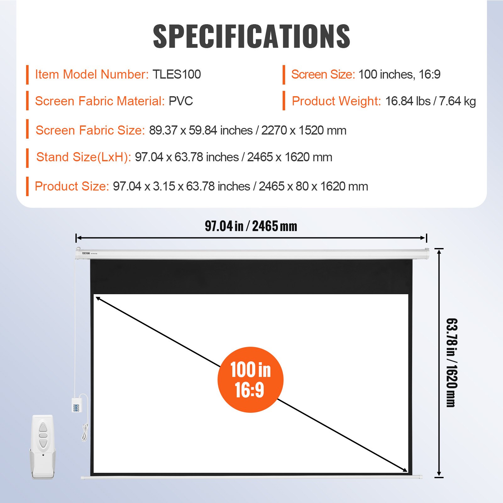 VEVOR Motorized Projector Screen, 100 inch 16:9 4K 1080 HD Electric Projector Screen, Automatic Projection Screen with Remote Control, Wall Mount Movie Screen for Family Home Office Theater