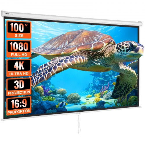 VEVOR Manual Pull Down Projector Screen, 100 inch 16:9 4K 1080 HD Retractable Projector Screen, Auto-Locking Portable Projection Screen, Portable Projector Movie Screen for Family Home Office Theater