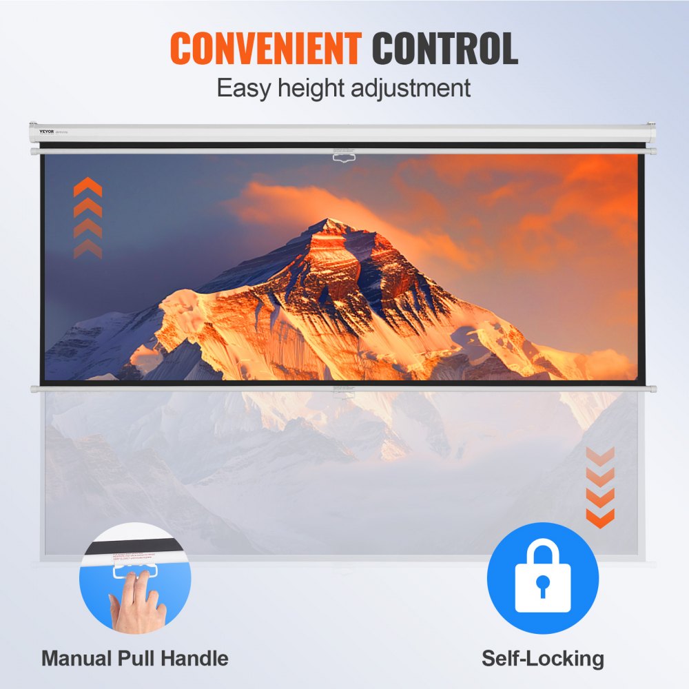 VEVOR projector screen with manual pull handle, self-locking feature, and convenient height adjustment.