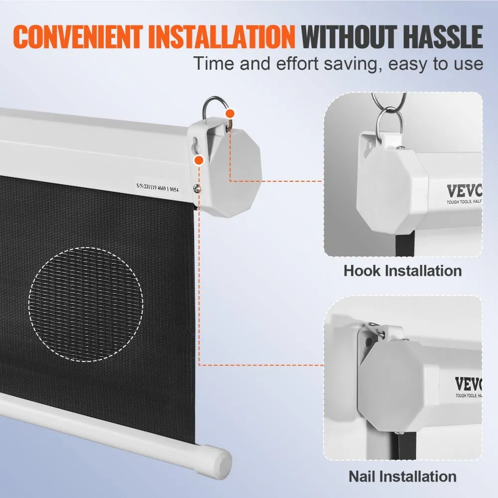 VEVOR projector screen with easy hook and nail installation for hassle-free setup.