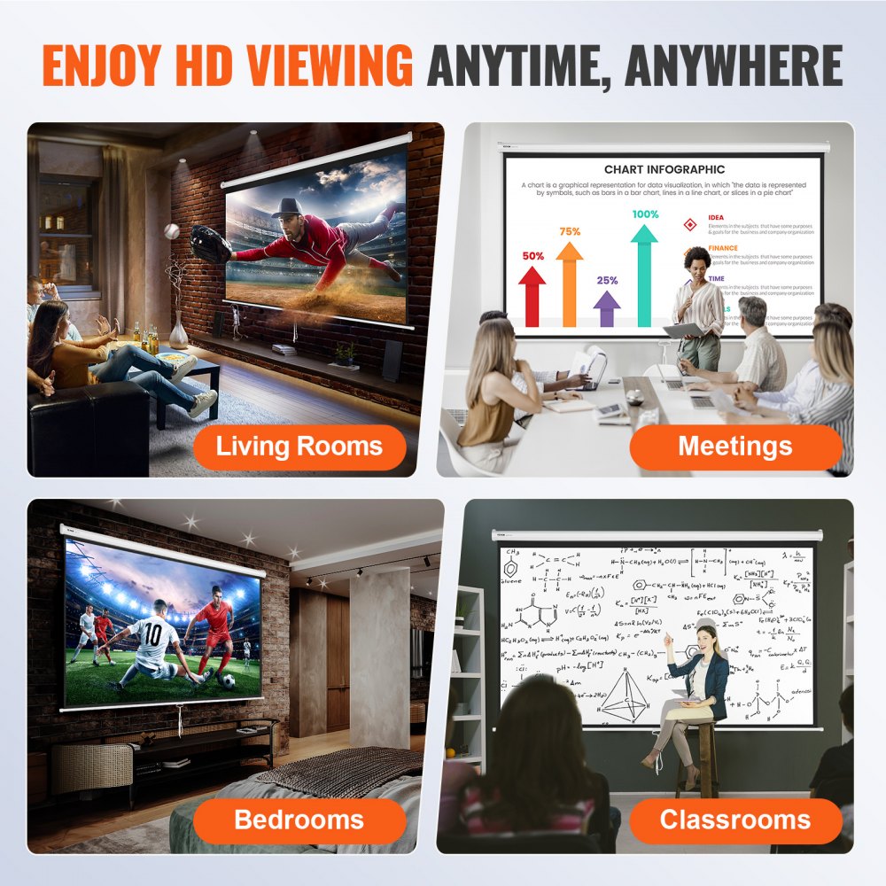 VEVOR projector screen in living rooms, meetings, bedrooms, and classrooms for hd viewing anytime, anywhere.