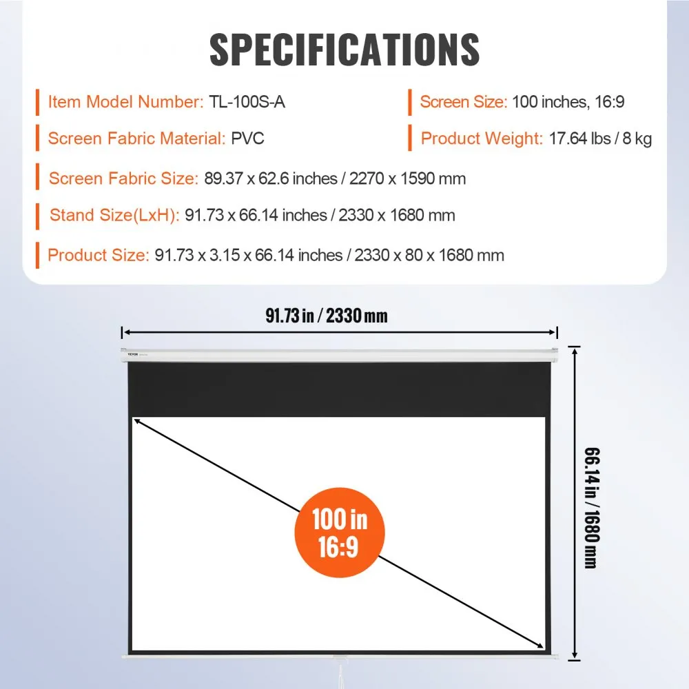 VEVOR projector screen, 100&quot; 16:9, pvc, 91.73 x 66.14 inches, 17.64 lbs, 2330 x 1680 mm.
