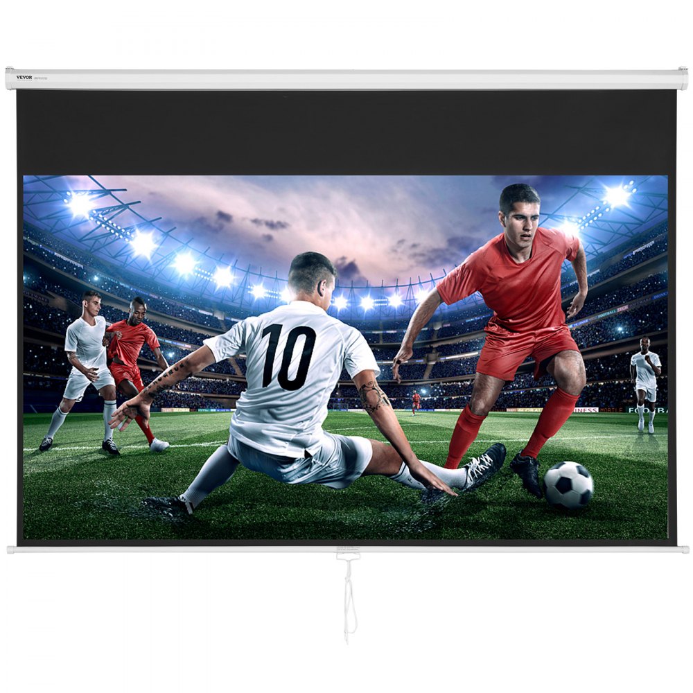 soccer match displayed on VEVOR projector screen in a stadium with players in action.