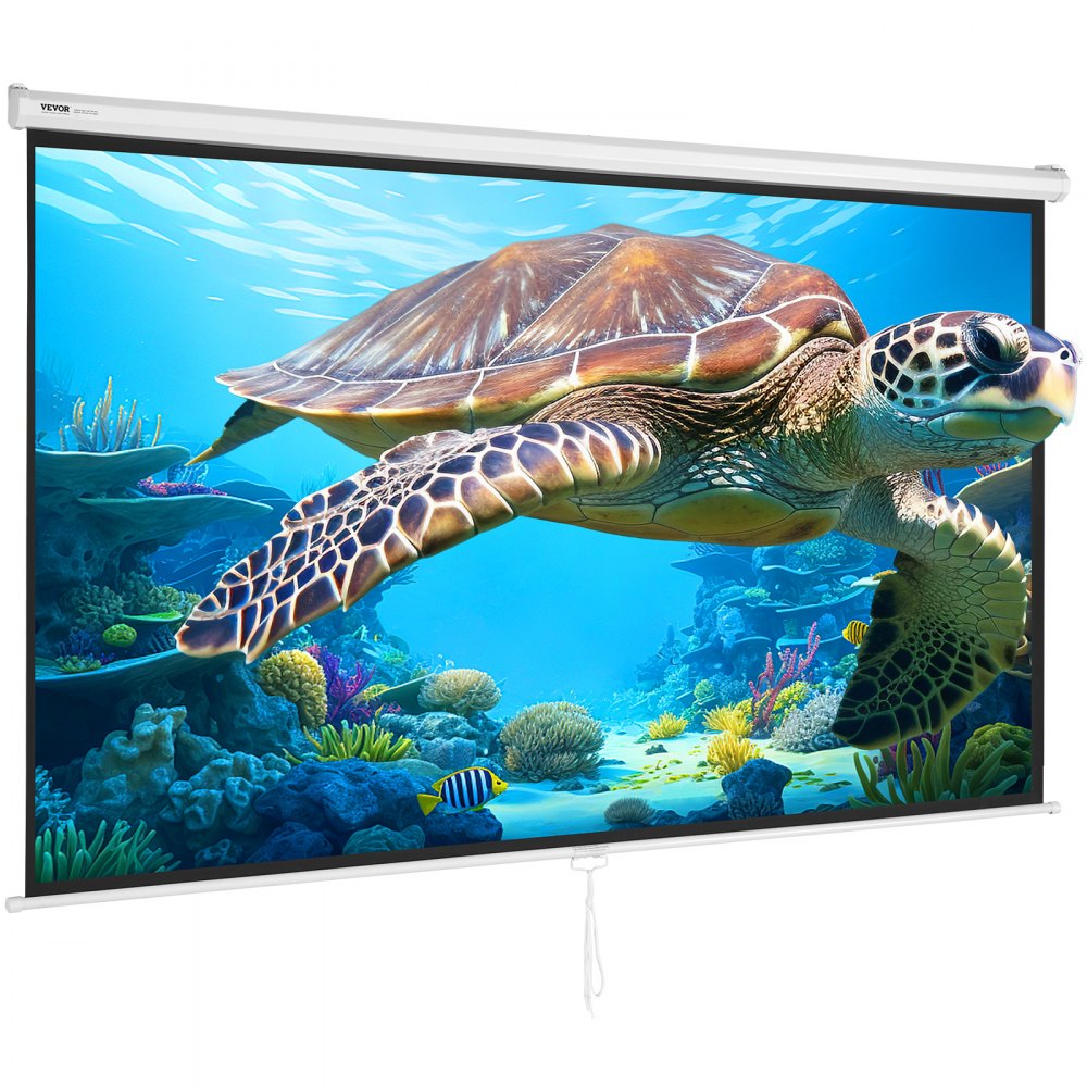 VEVOR projector screen displaying a vibrant underwater scene with a sea turtle and coral reefs.