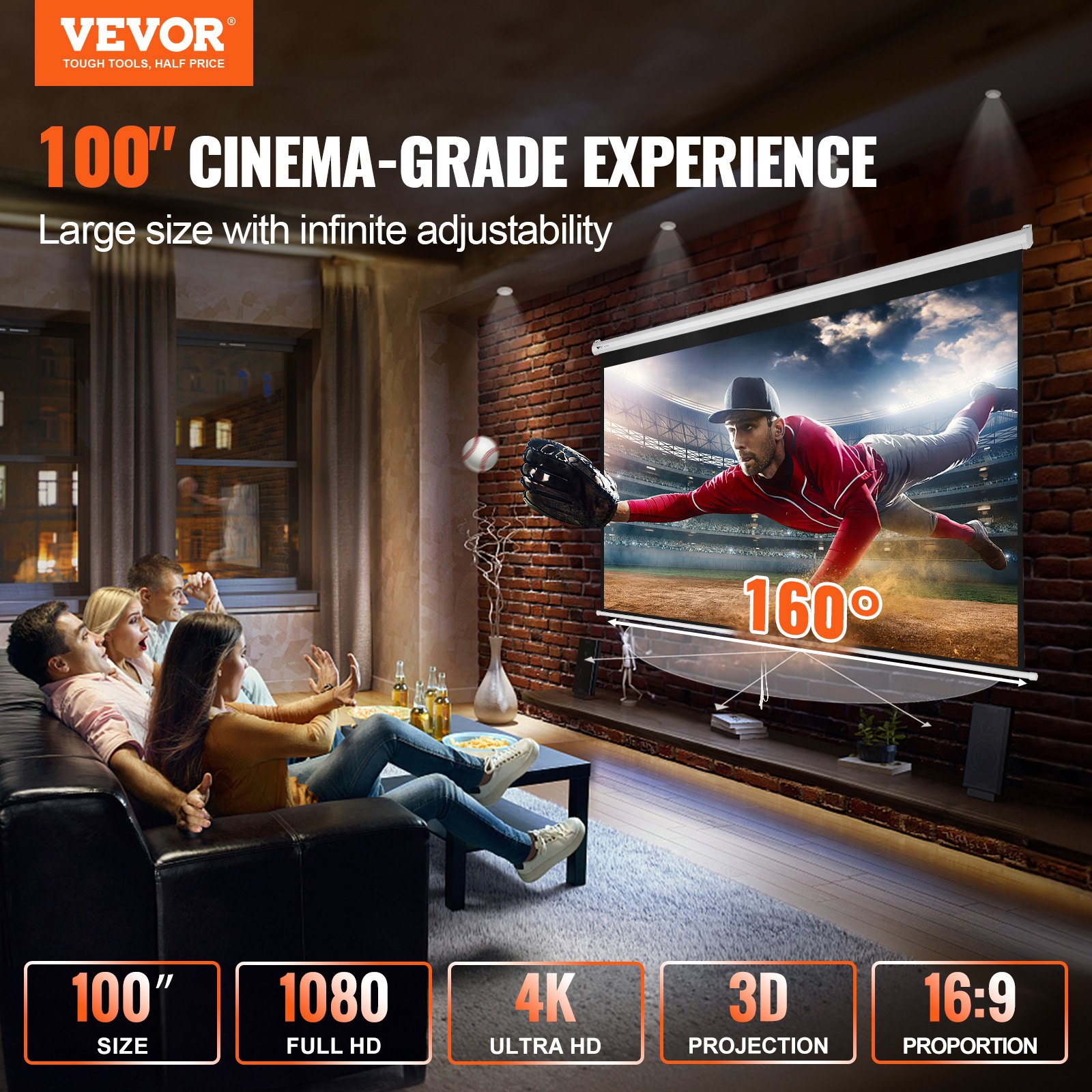 people enjoying a 100&quot; VEVOR projector screen with 1080p, 4k, 3d projection, and 160° viewing angle.