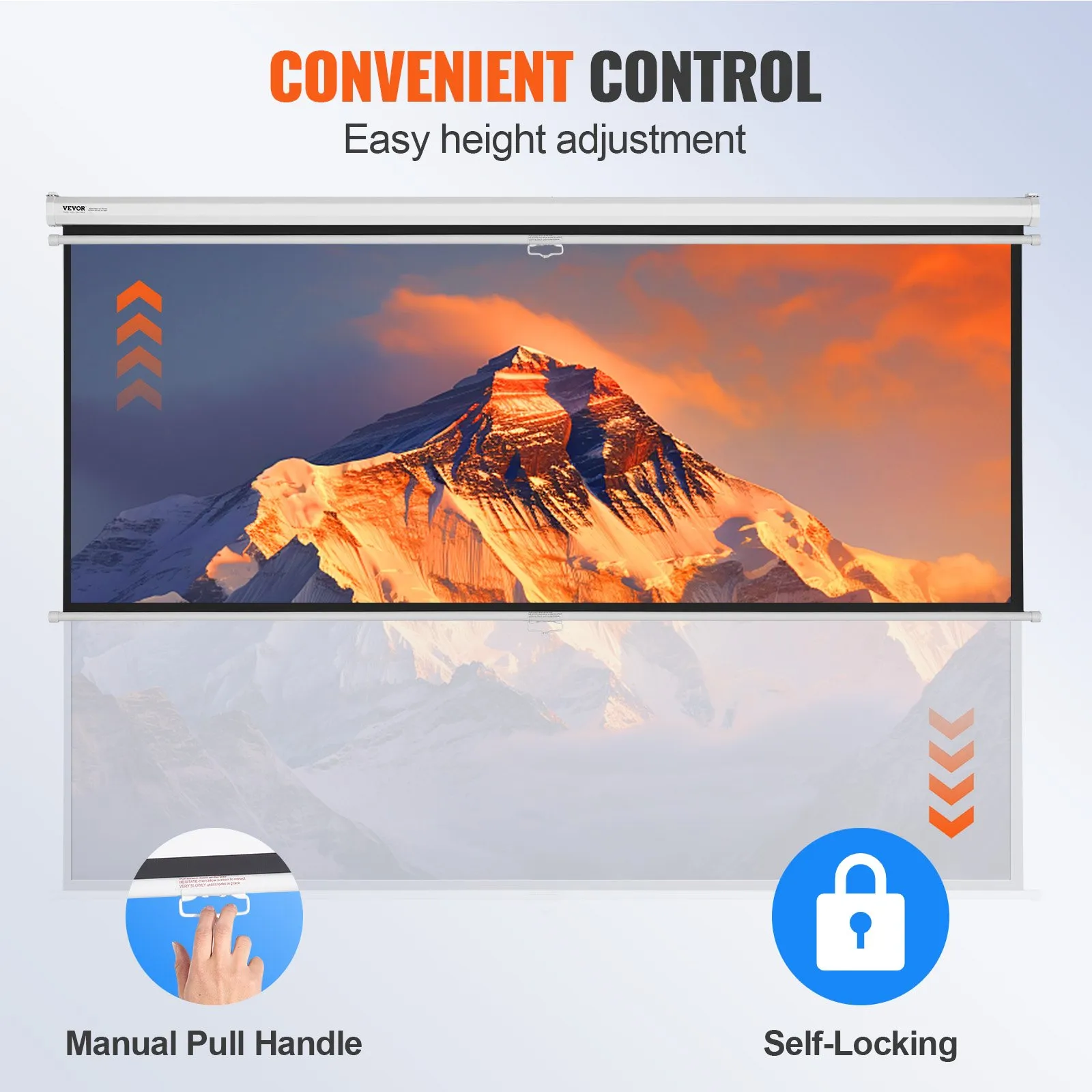 VEVOR projector screen with manual pull handle, self-locking feature, and convenient height adjustment.